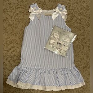 EUC Lil Cactus Light Blue Seersucker Ruffle Dress with Satin Bows & hair bow